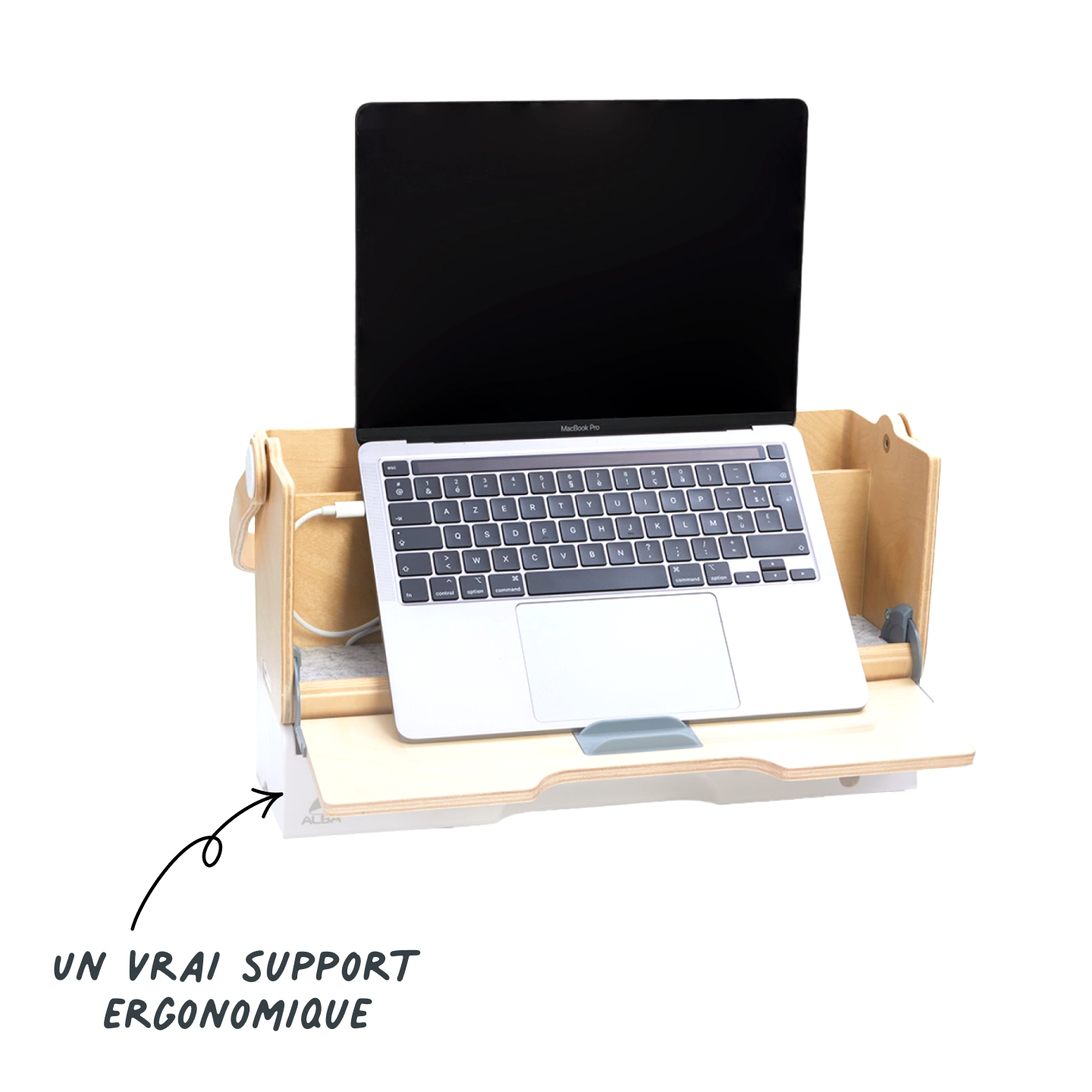 Un support ergonomique doté d'un support rehausseur à hauteur variable pour ordinateur portable